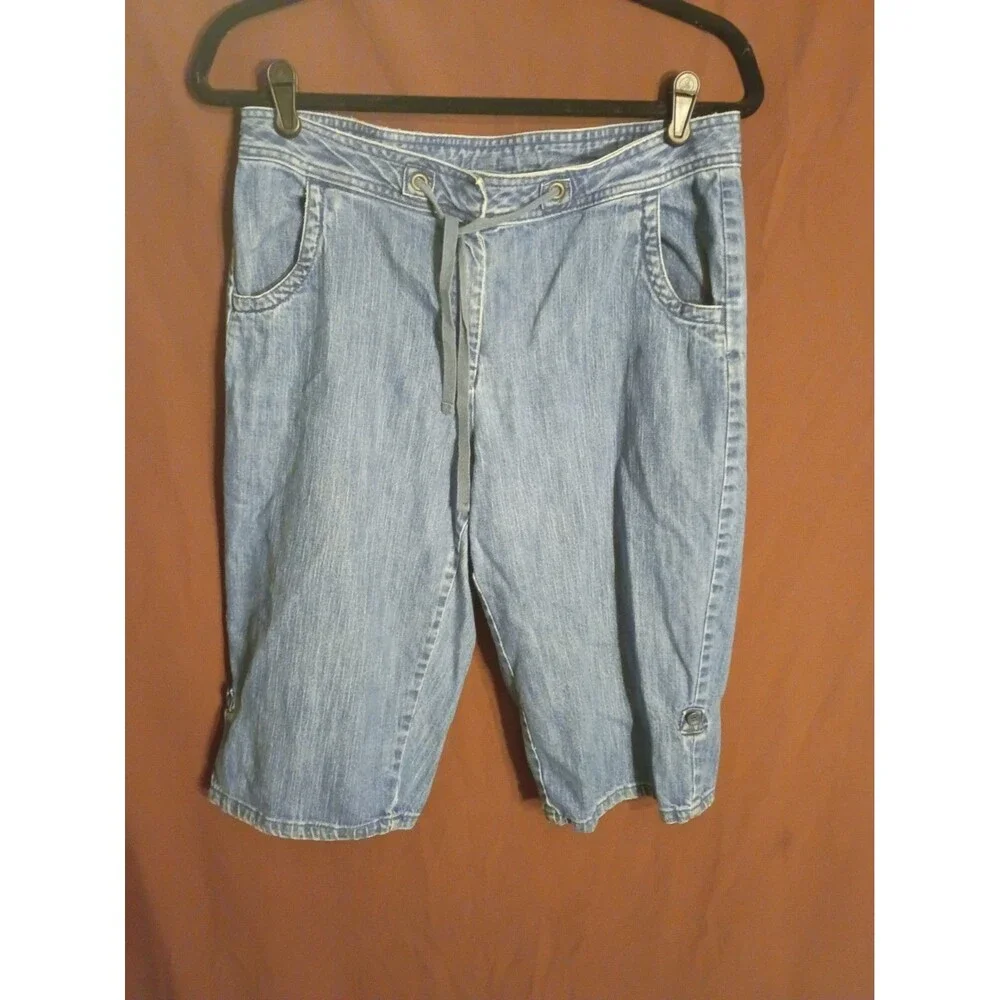 Classic Elements denim capris or long shorts featuring a functional drawstring